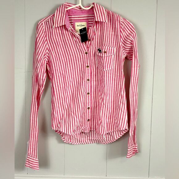 NWT Abercrombie Kids Pink White Y2K Striped Button Down Top Size XL Preppy Cute - Picture 1 of 7